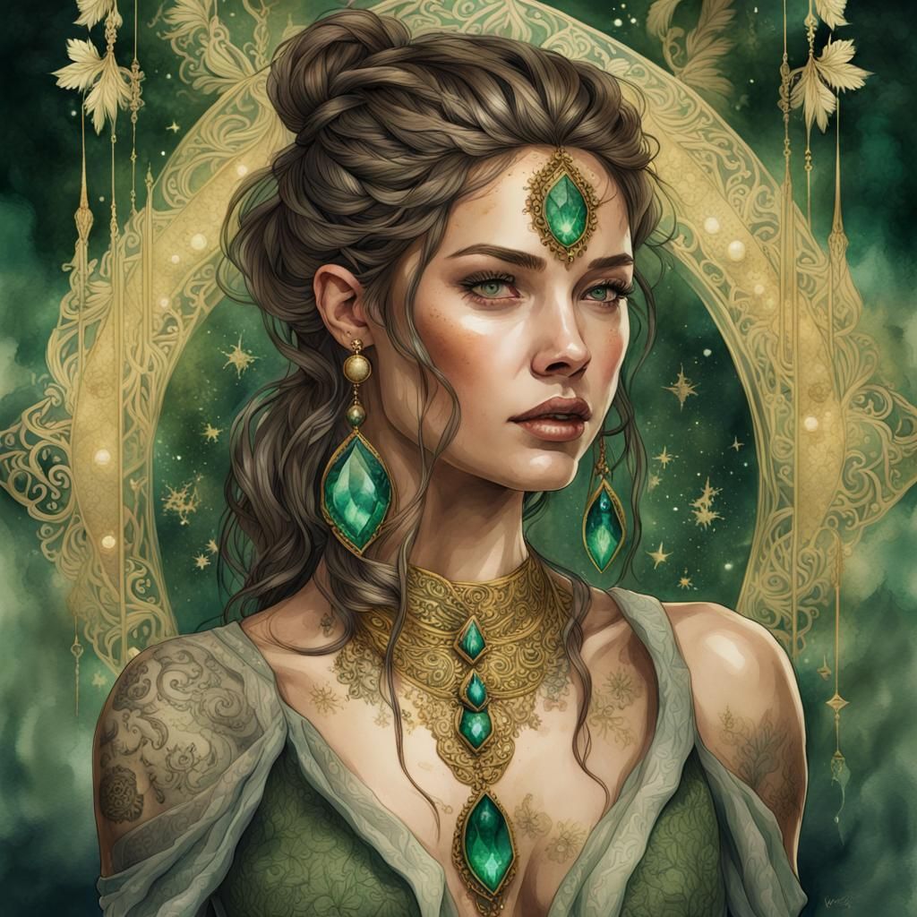 Watercolor Portrait of Woman with Nature Tattoos