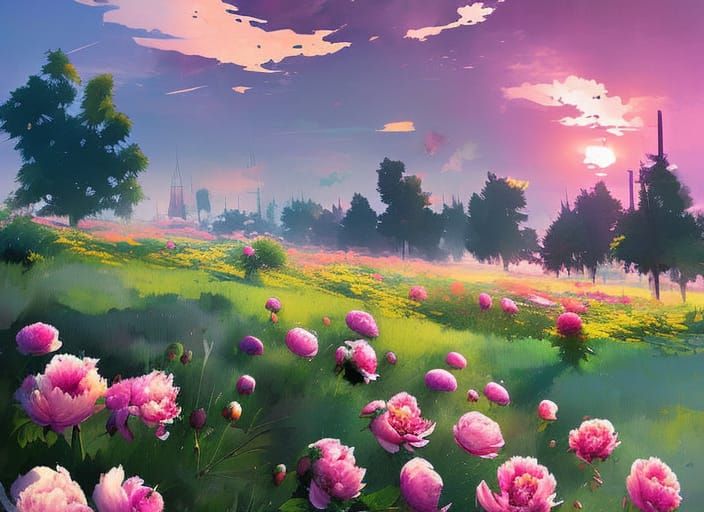 Sunset Peonies in Anime Art Style