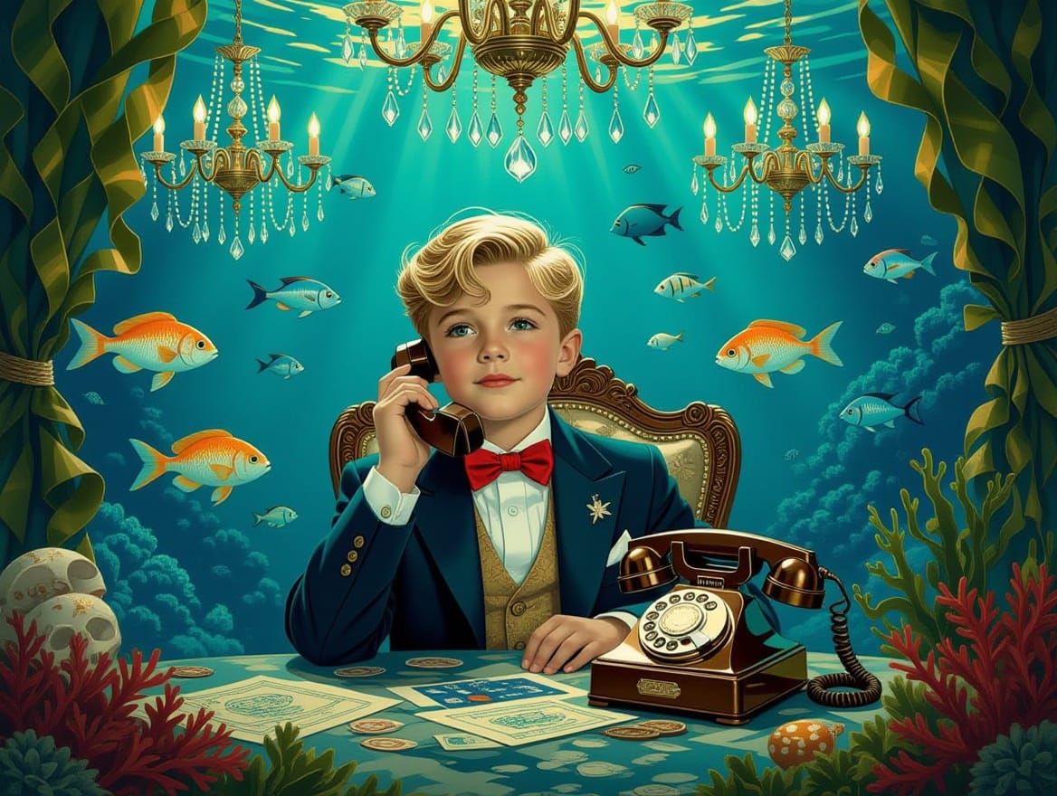 Boy on Phone in Ornate Underwater Scene