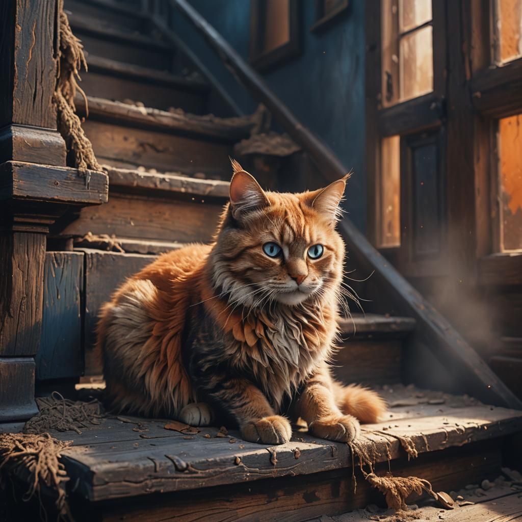 Cat in Abandoned House: Dark Fantasy Matte Painting
