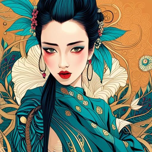 Intricate Geisha Digital Painting with Luminous Colors