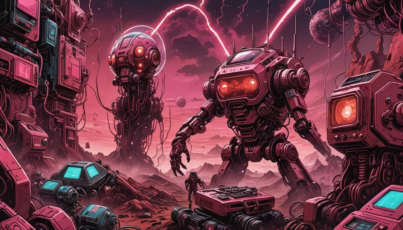 Retro Sci-Fi Alien Amidst Martian Machinery