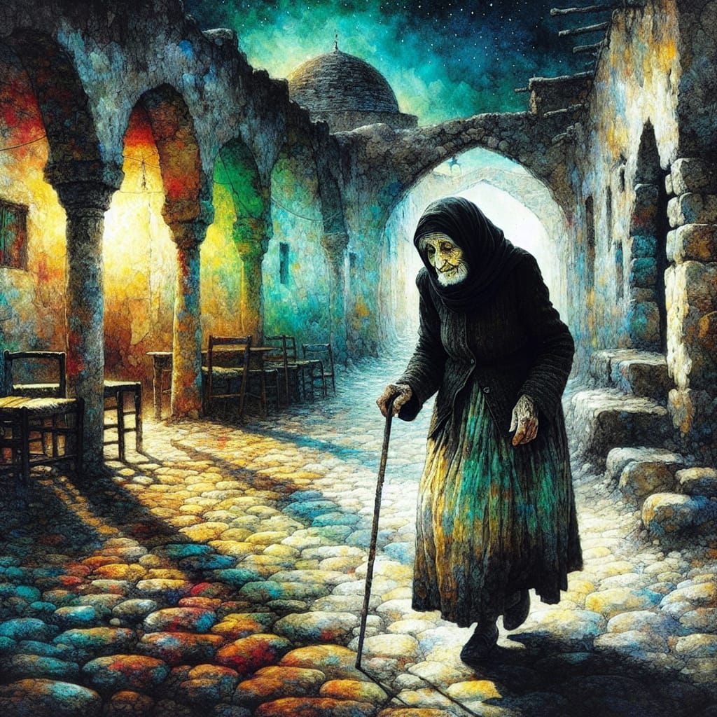 Elderly Woman in Post-Impressionist Watercolor Painting