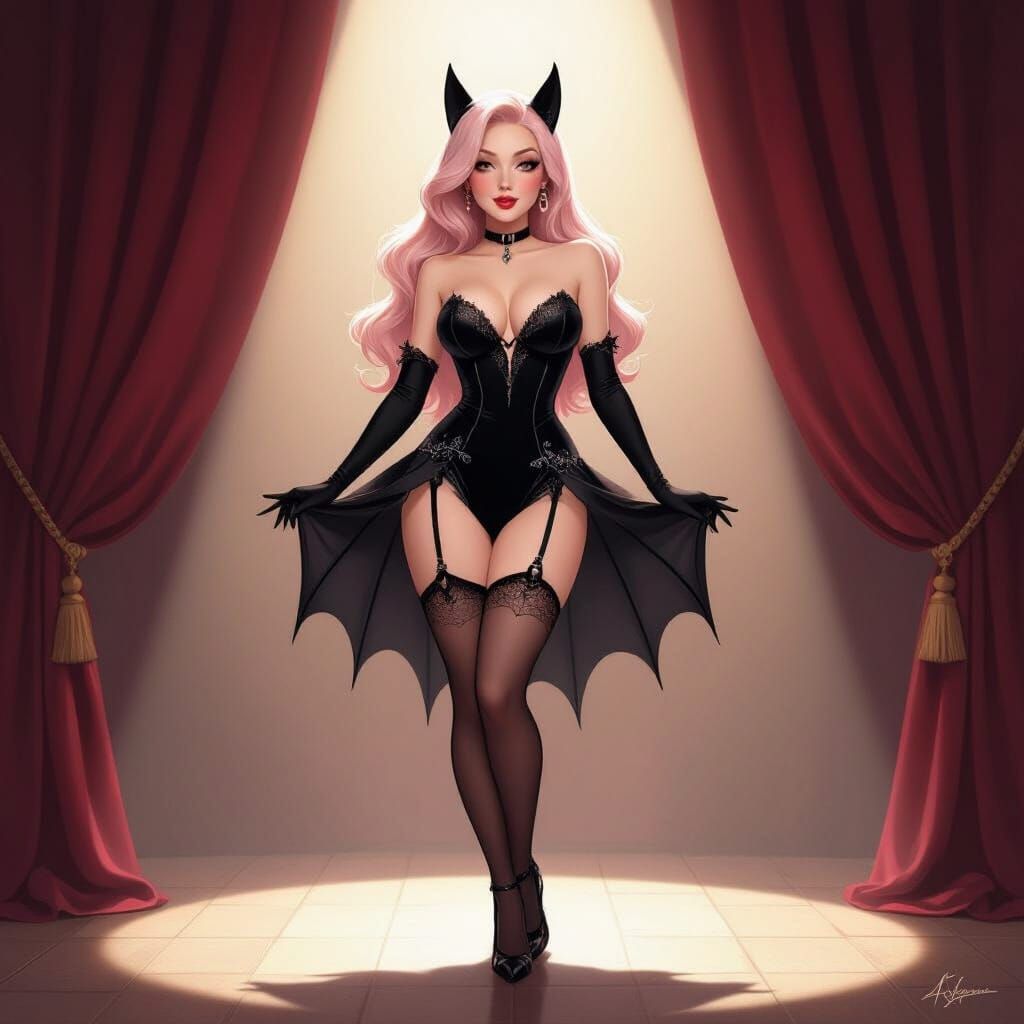 Pink Haired Burlesque Dancer in Bat Outfit