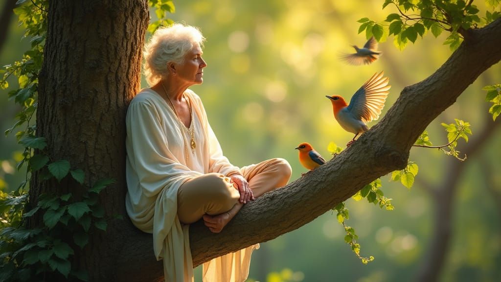 Serene Grandma Meditates with Birds in a Vibrant Forest