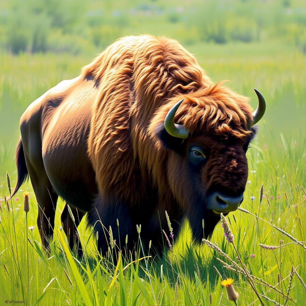 Majestic Bison in a Serene Meadow Landscape