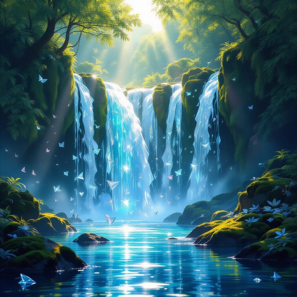 Glass Leaf Waterfall with Prismatic Reflections