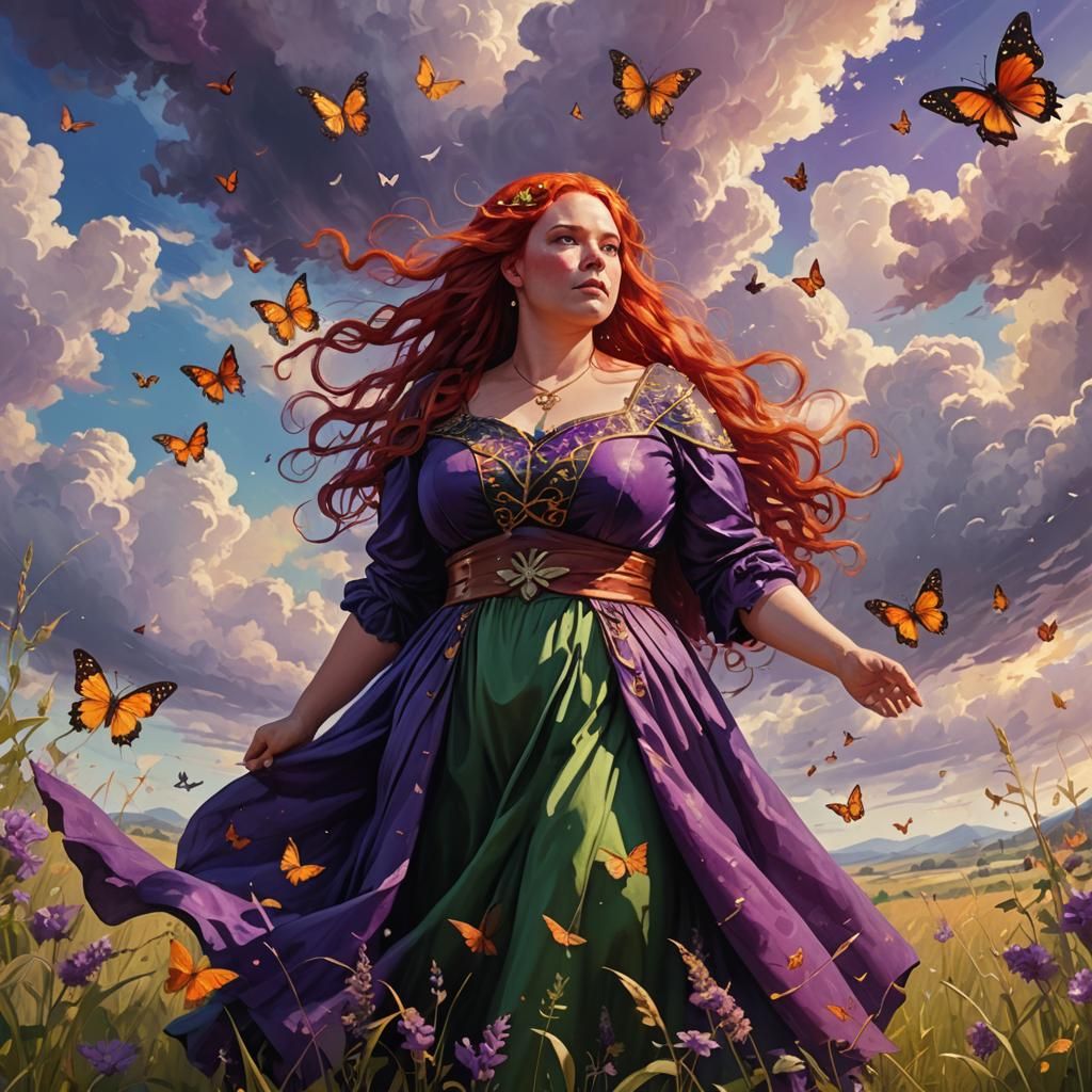 Red-Haired Sorceress in Field of Butterflies