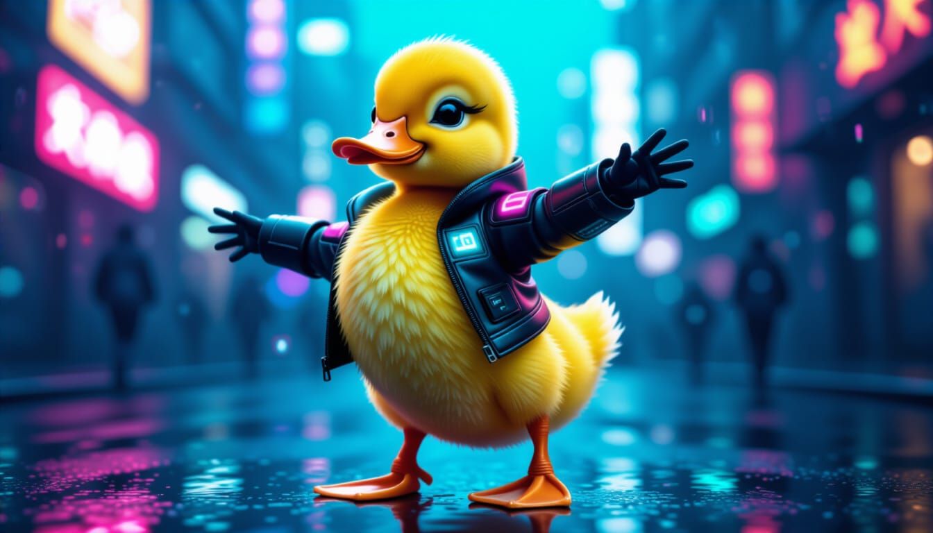 Cyberpunk Duckling Dancing in Neon Cityscape
