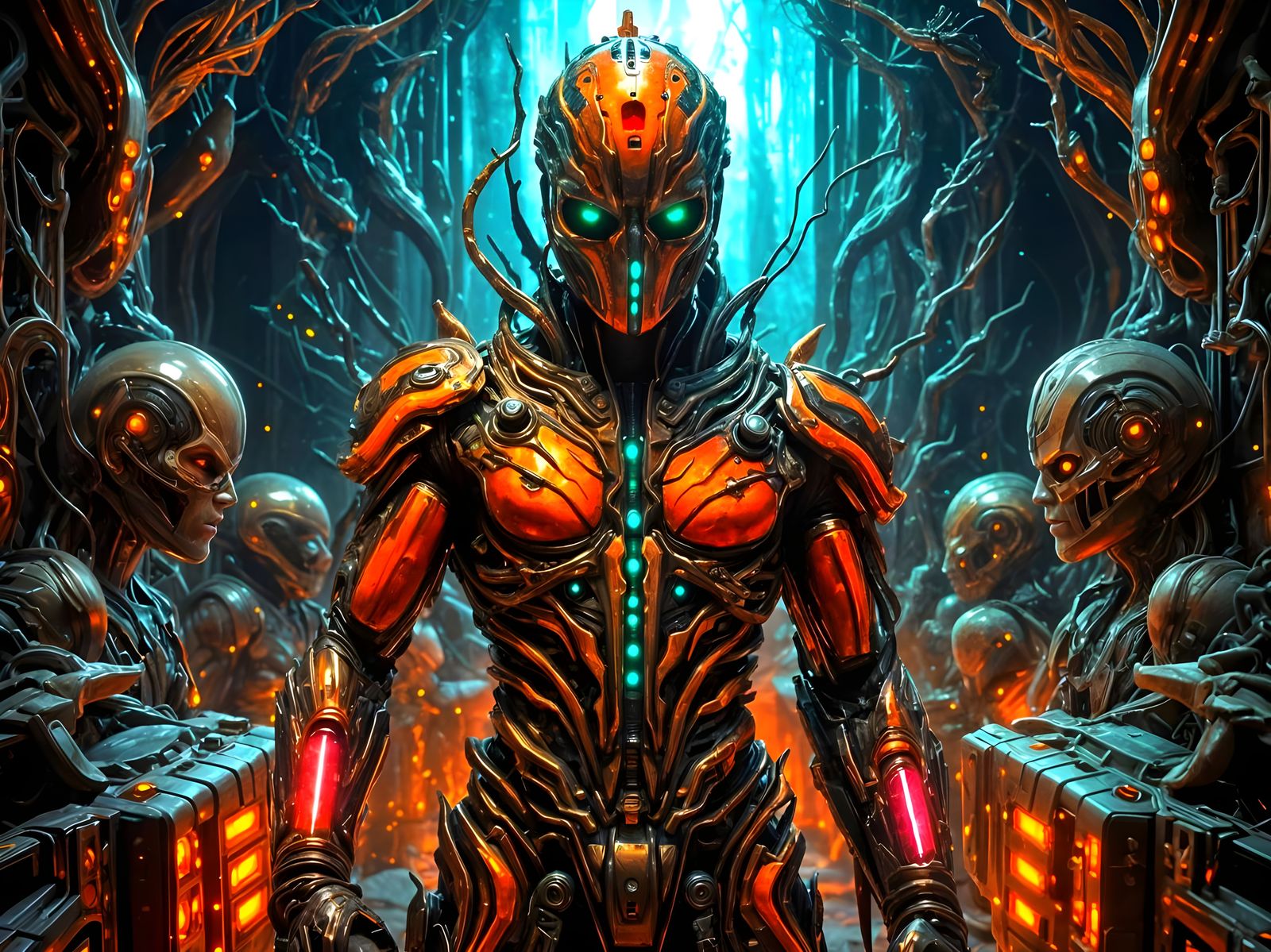 <lora:Memento Mori:1.0> A lone cyber cosmonaut in sleek, high-fashion futuristic space armor, adorned with a vibrant Ror...