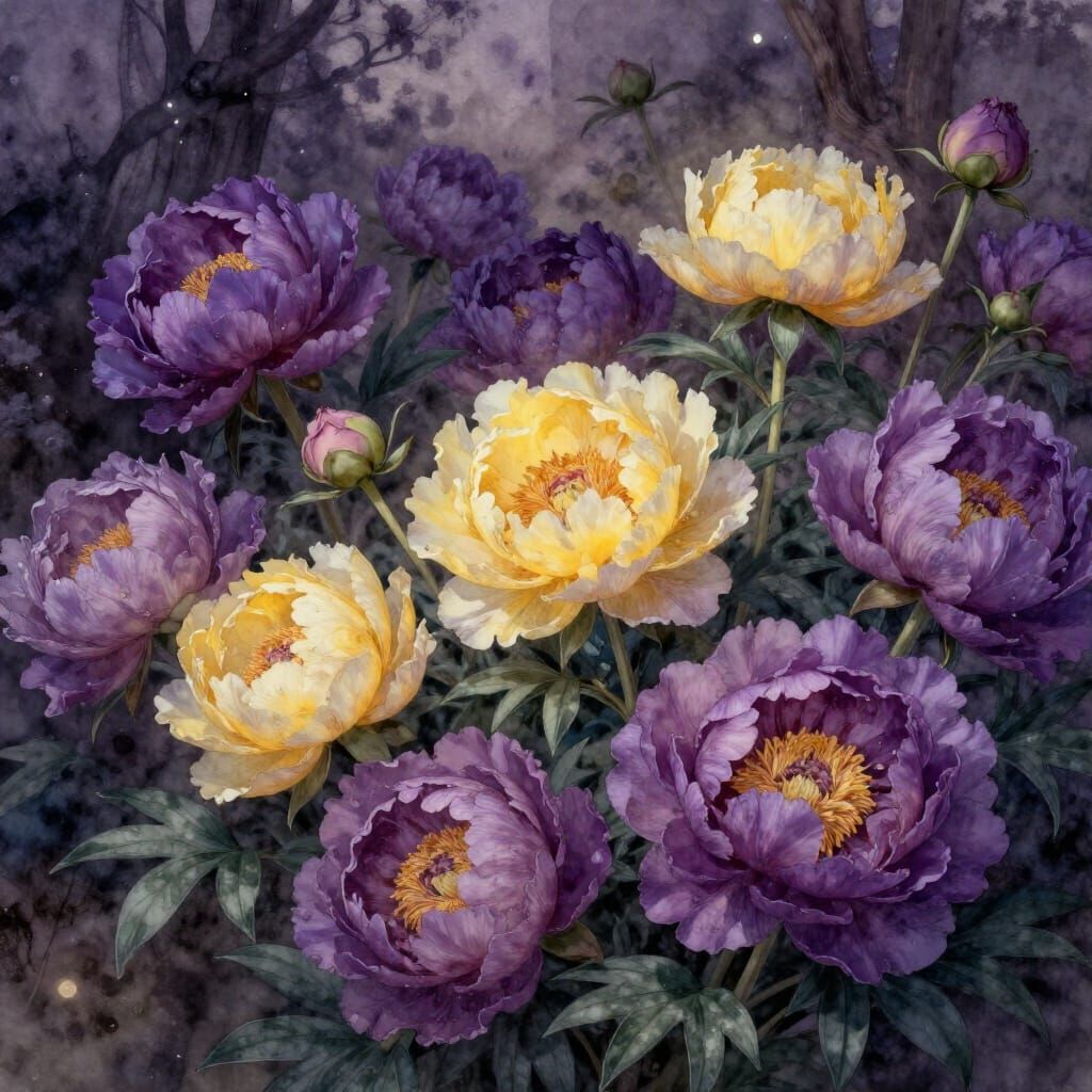 Winter Peonies Bloom in Dark Fantasy Watercolor Style