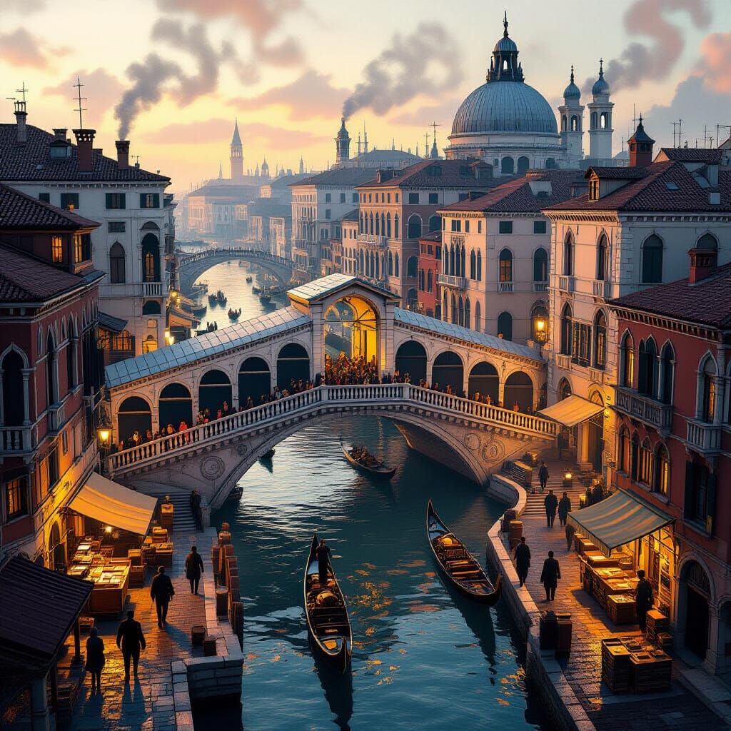 Steampunk Venice Rialto Bridge in Golden Twilight