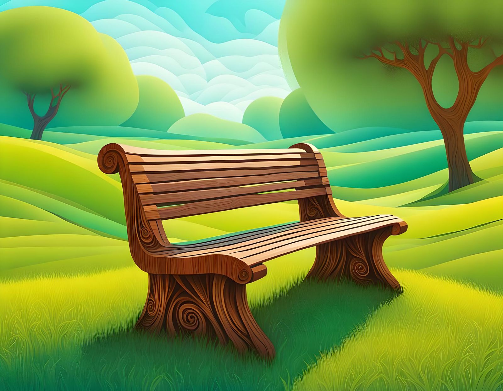 Wooden Bench in Field: Surreal Folk Art Illustration