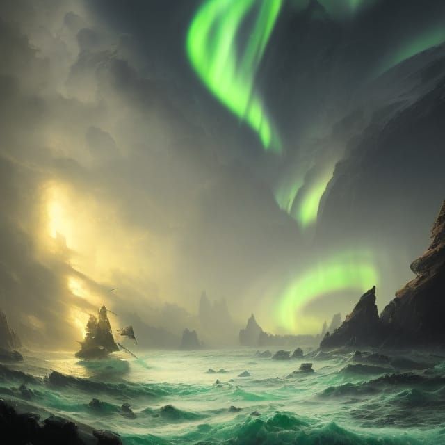 Epic Ocean Northern Lights Digital Painting