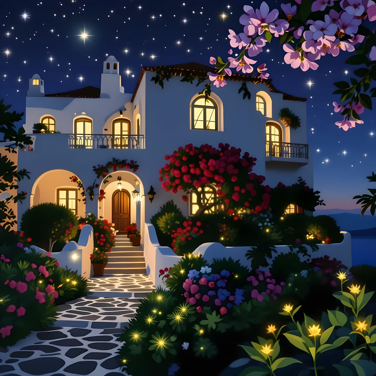 Nighttime Villas in Bloom: Hyperrealistic Ornamented Archite...