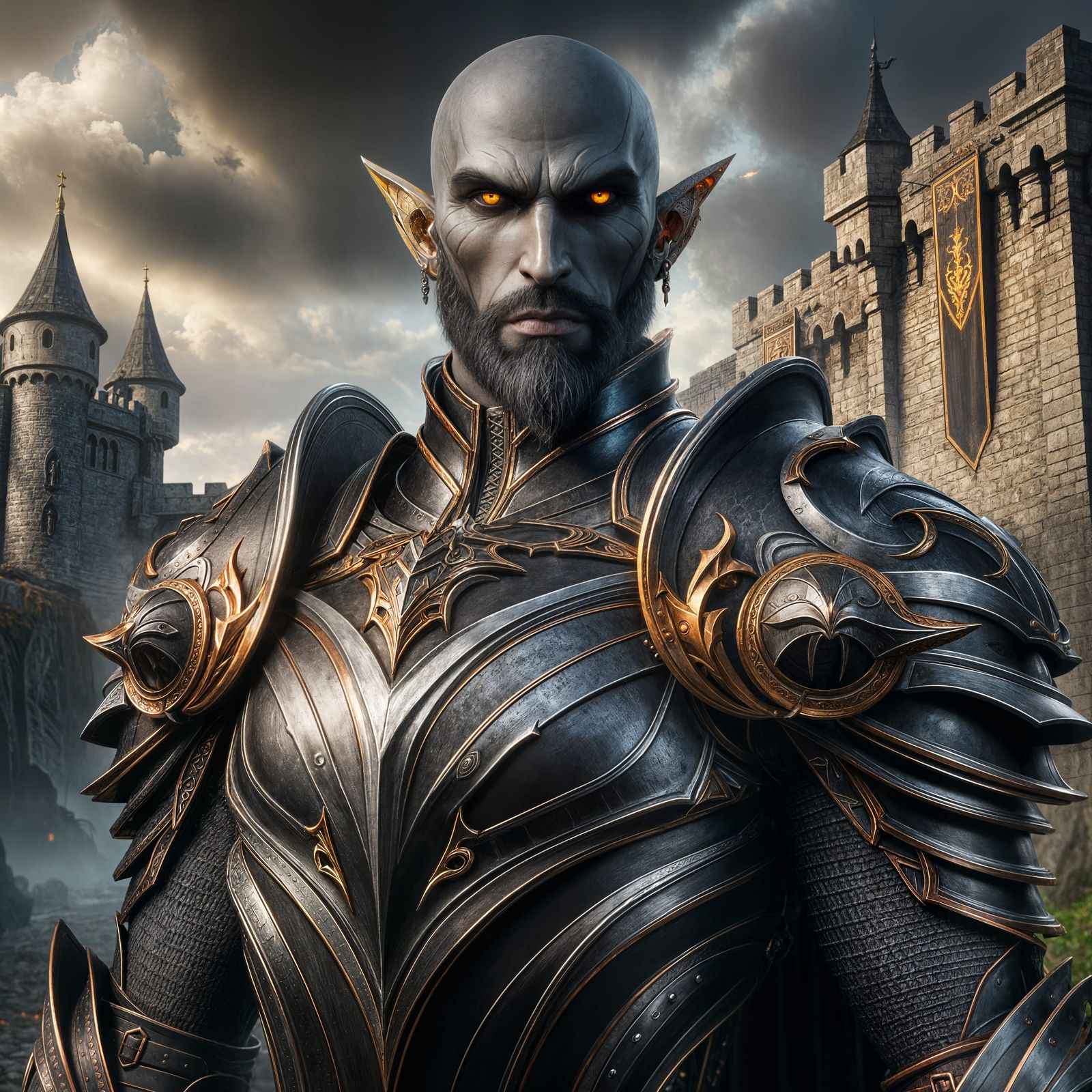 Dark Elf Warrior in Medieval Armor with Fiery Accents