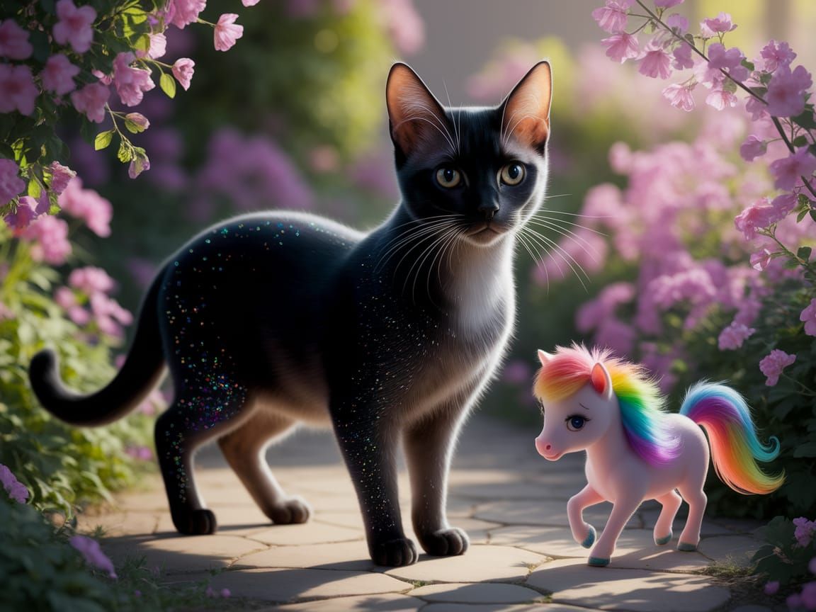 Enchanting Black Cat and Rainbow Pony in Garden