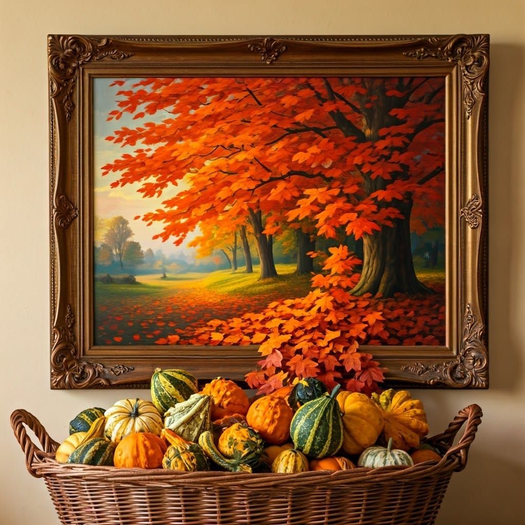Autumn Trees and Gourds in Ornate Oil Painting