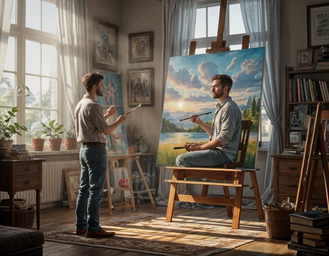 Artist's Self-Portrait Painting in Dreamlike Studio