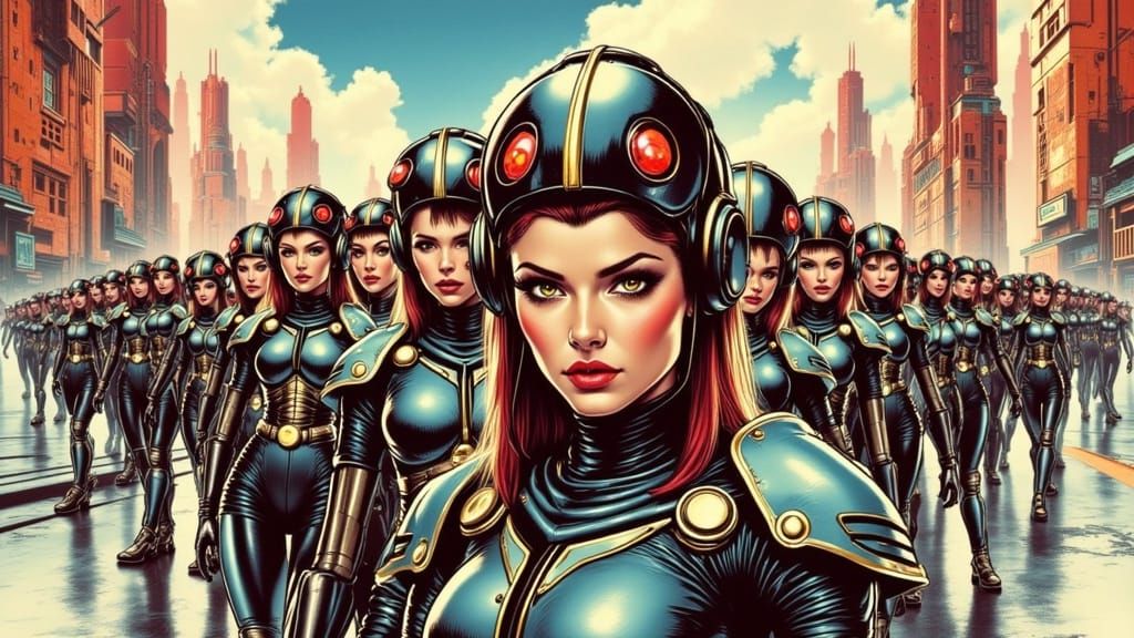 Sisters in Steel: 50s Pin-Up Style Sci-Fi Warriors March Thr...