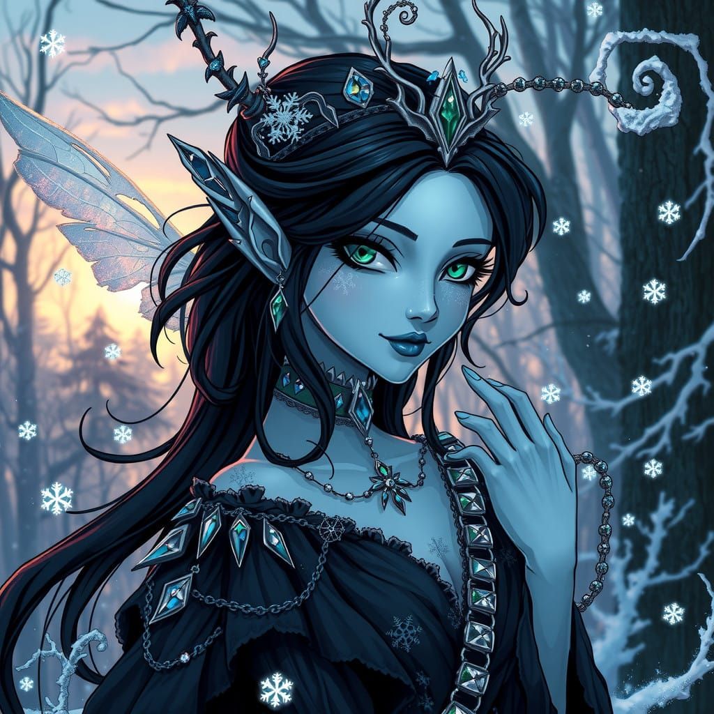 Regal Winter Fairy Queen in Gothic Cartoon Style