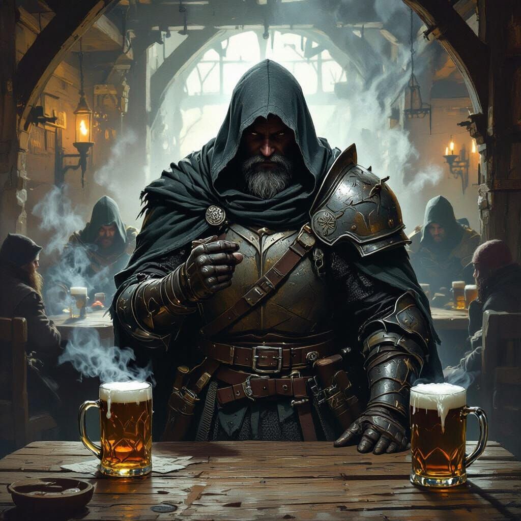 Grizzled Knight Enters Smoky Tavern with Bard