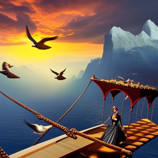 Woman on Flying Carpet, Surreal Dark Fantasy
