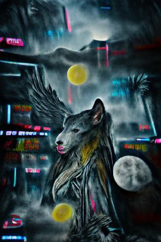 Wolf Howling at Moon: Cyberpunk Charcoal Drawing