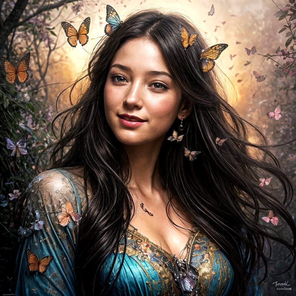 Ethereal Woman in Whimsical Butterfly Dance, in Watercolor