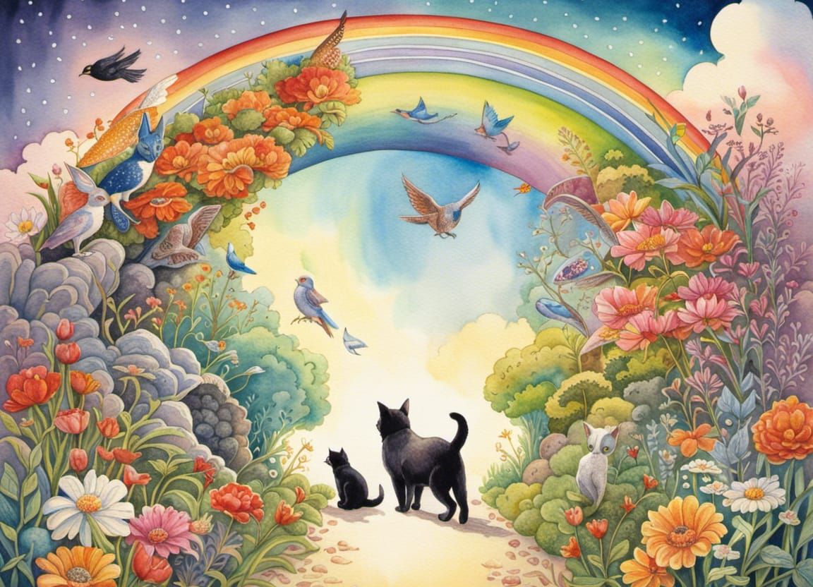 Animals Walk Rainbow Bridge: Dreamlike Watercolor