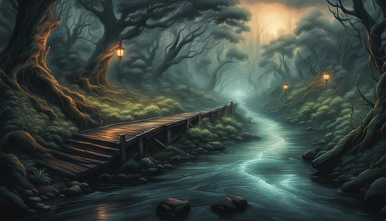 Eerie River in Lush Dark Fantasy Landscape