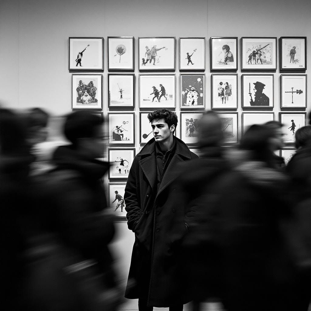 High-Contrast Gallery Photo of Man Among Moving Crowd