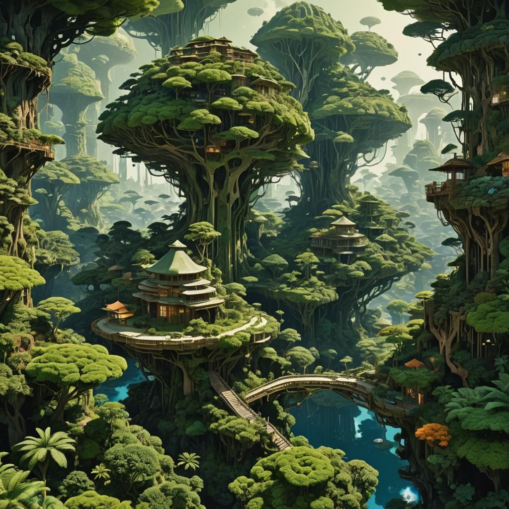 Space Island with Star People: Hypermodern Shin-hanga Style