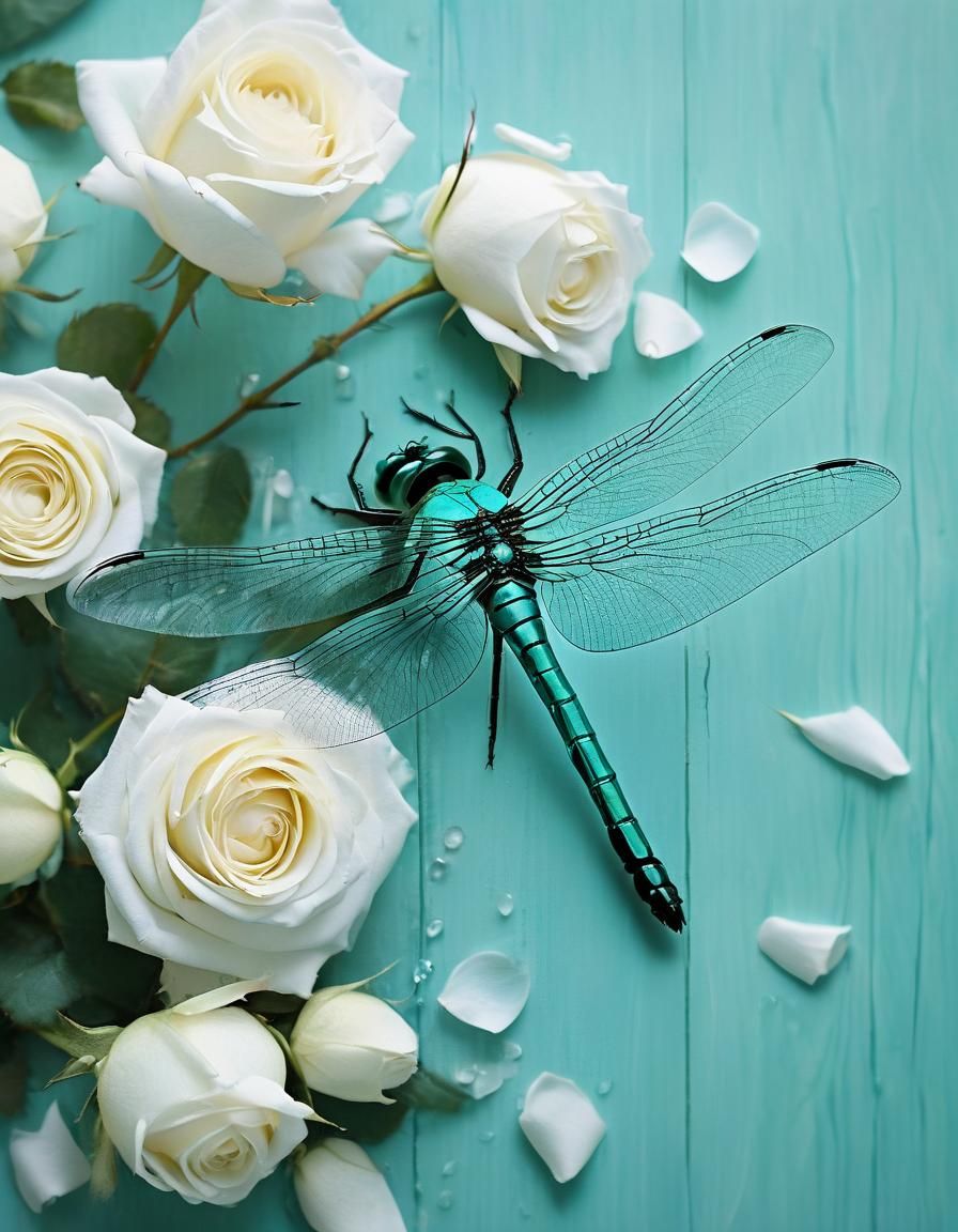 Turquoise Dragonfly in Watercolor with Luminous Details