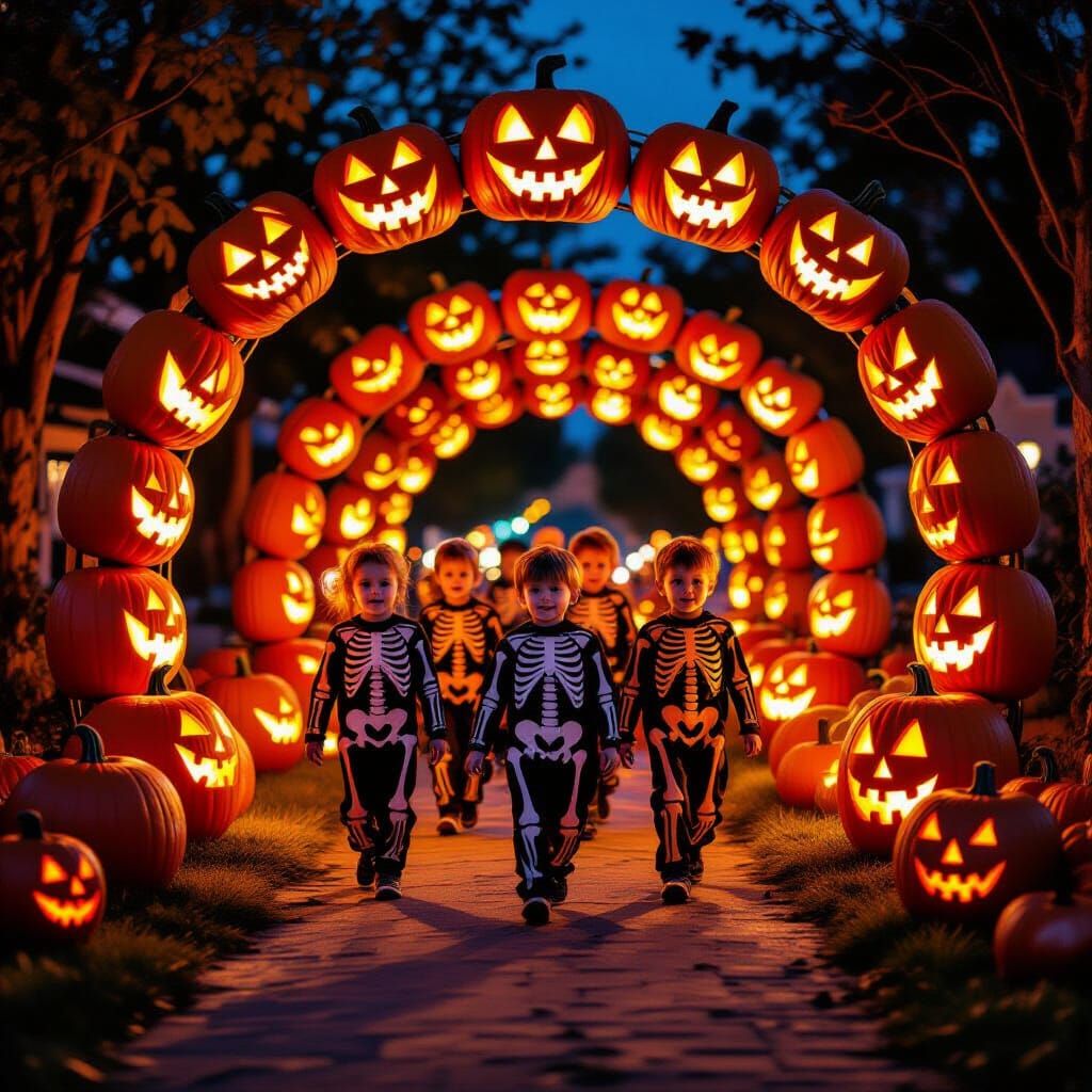 Halloween Skeletons and Spirits in Glowing Pumpkin Tunnel