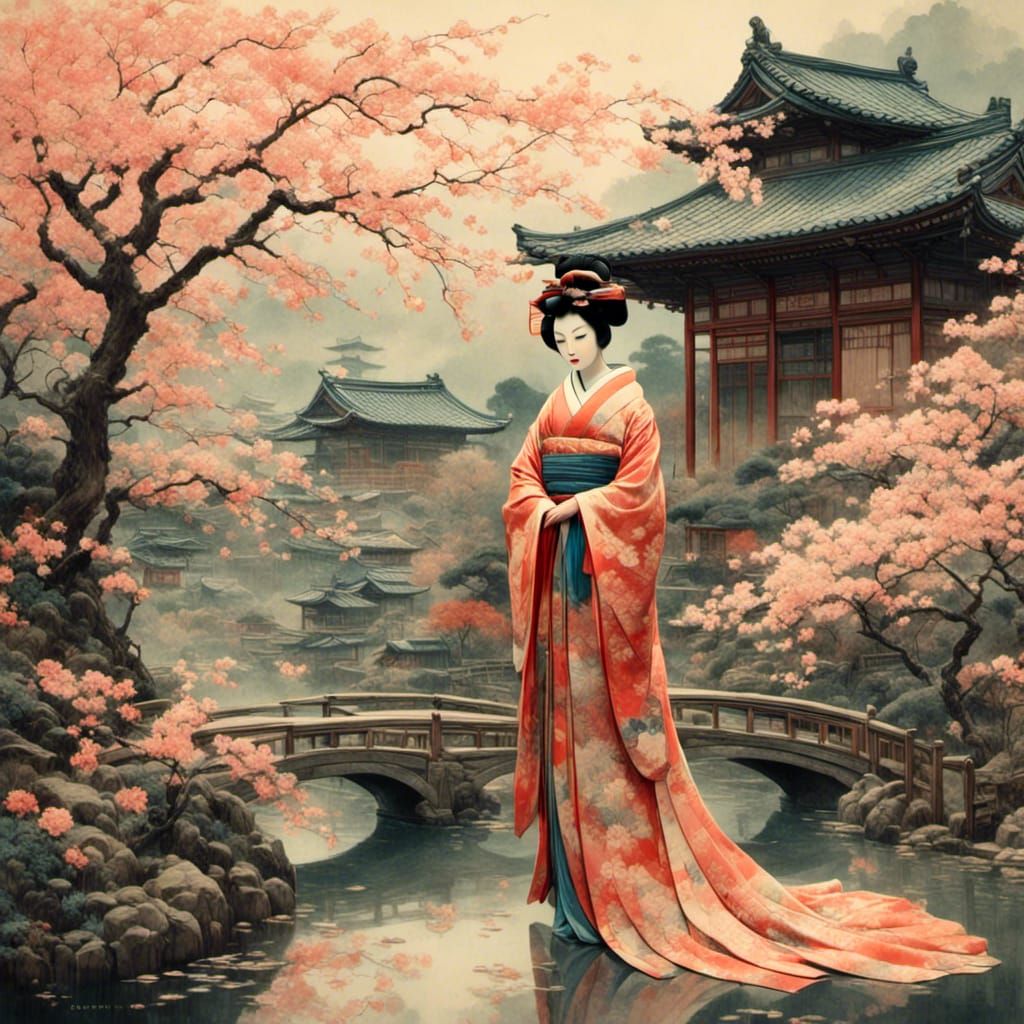 Dreamy Geisha in Garden, Ukiyo-e Style
