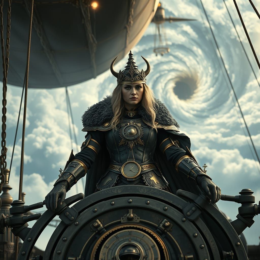 Viking Queen Commands Steampunk Airship Amidst Swirling Clou...