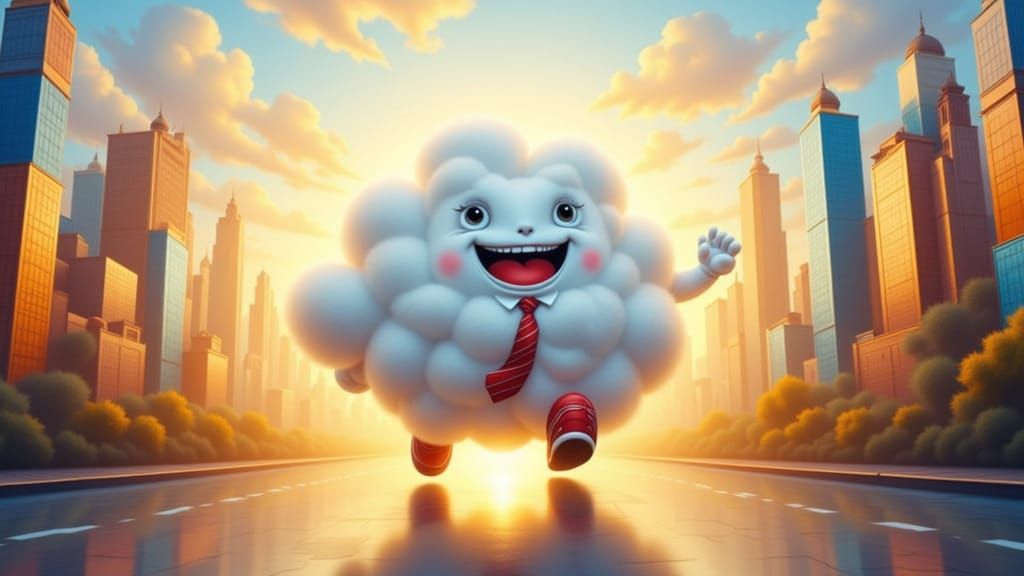 Cloud Rushing to Work in Whimsical Cityscape