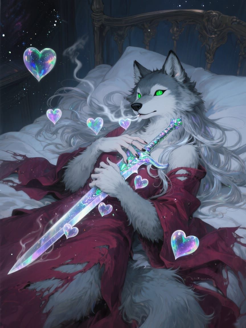 Furry Wolf Conjuring Hearts with Magic Sword