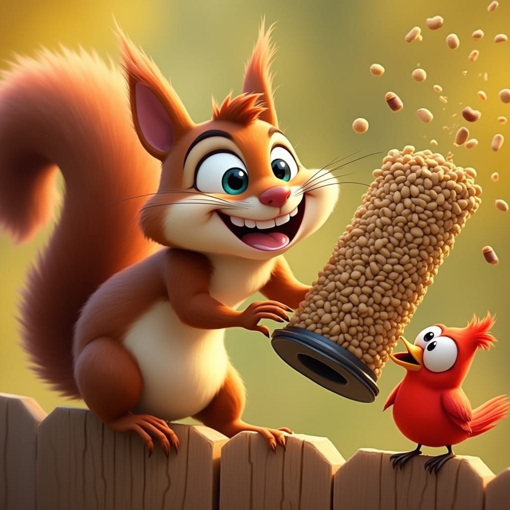 Cartoon Squirrel Raiding Bird Feeder in Animated Style