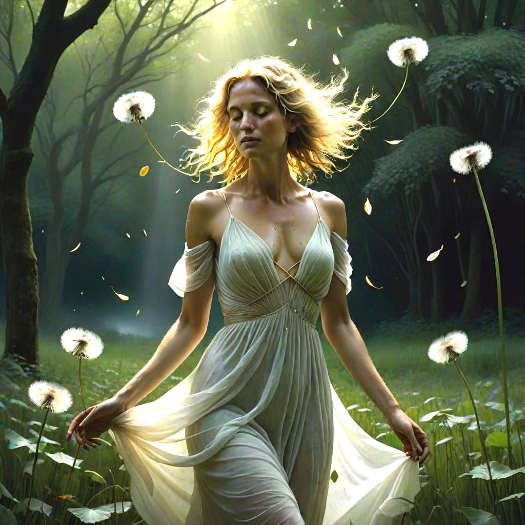 Nature Goddess with Golden Dandelions in Emerald Paradise