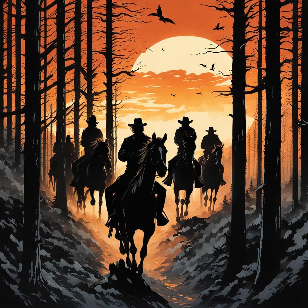 Eerie Sunset Ride: Silhouetted Horsemen in Forest
