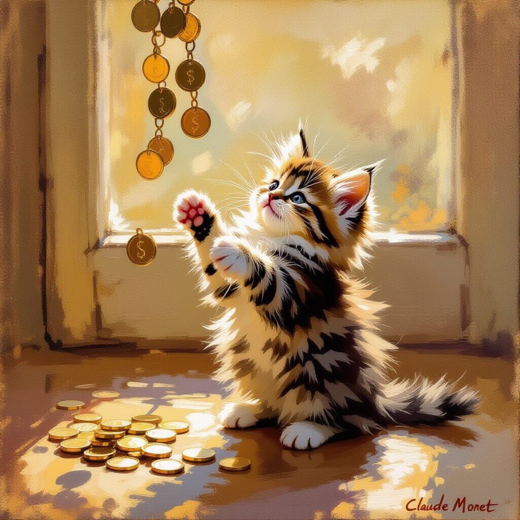 Fluffy Kitten Plays With Coins in Sunlit Room