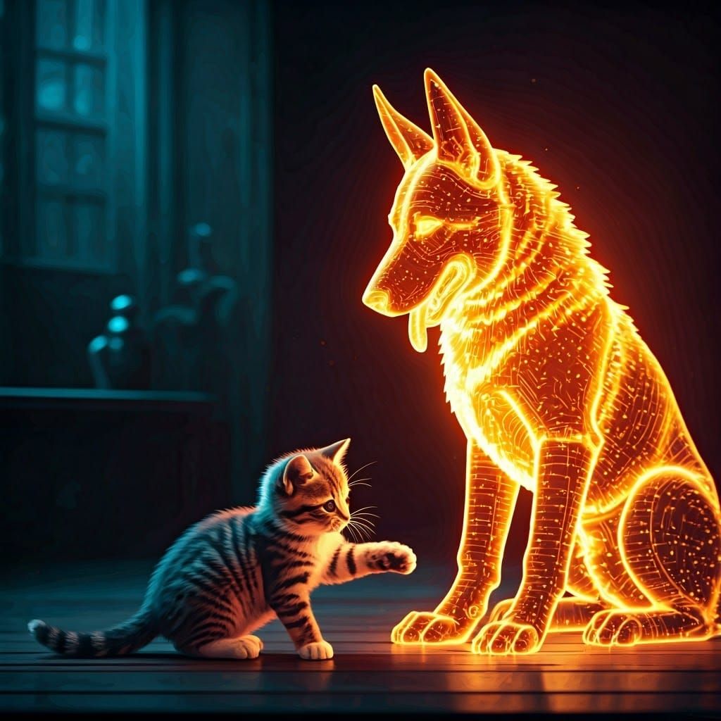 Cute Kitten Plays with Shimmering Holographic Dog in Vibrant...