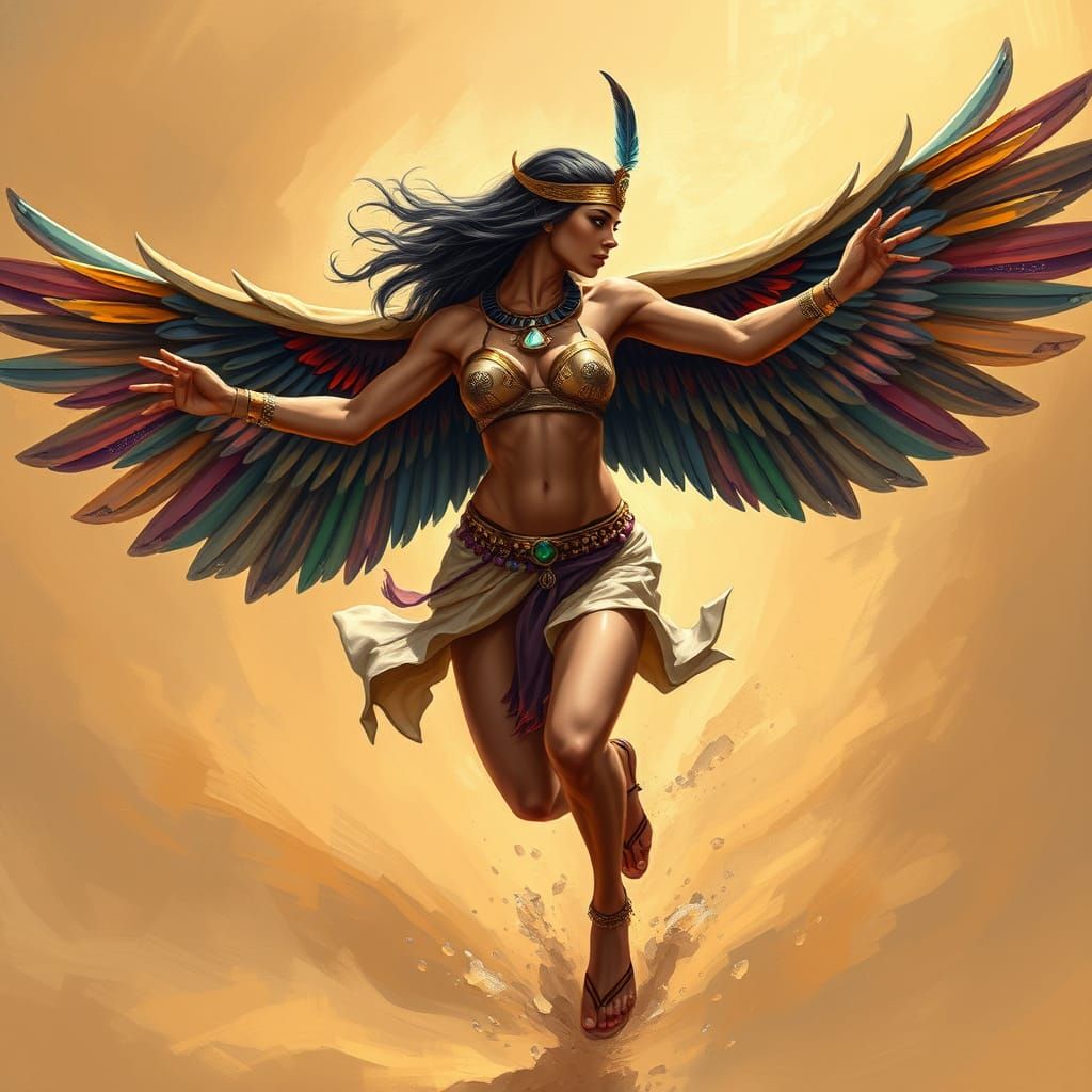 Winged Goddess Leaping in Cosmic Sandstorm
