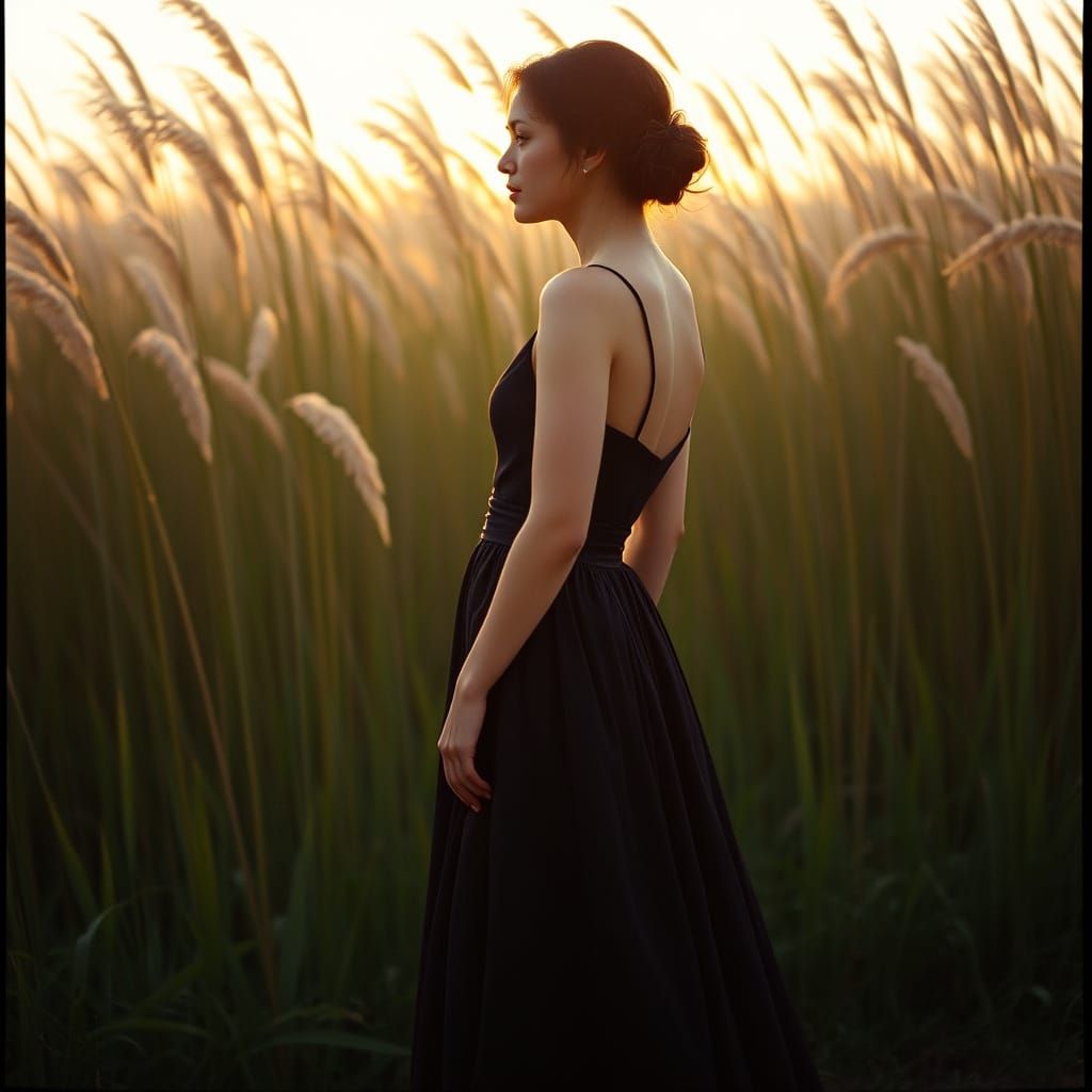 Elegance Amidst Tall Grass in Warm Cinematic Light