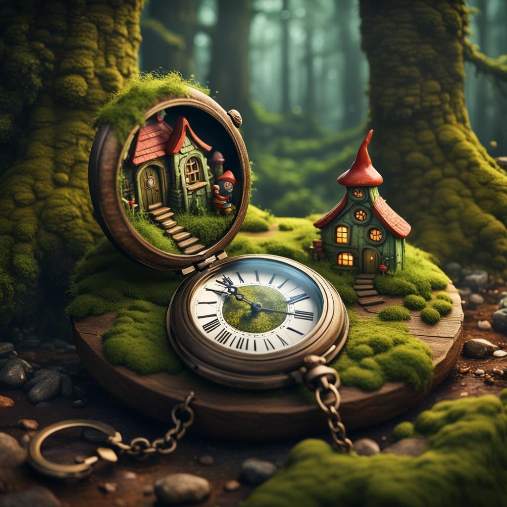 Gnome Village Hidden Inside Wooden Pocket Watch