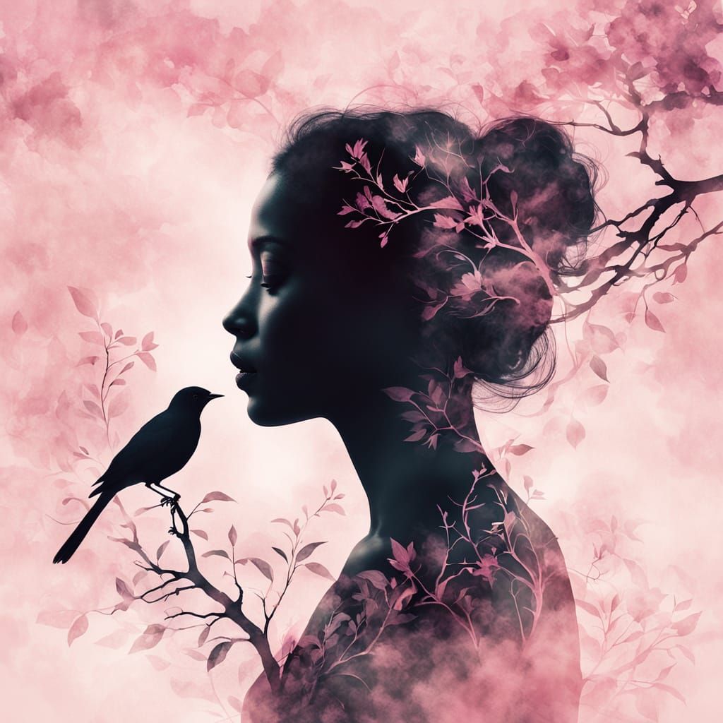 Dreamy Female Silhouette in Soft Pink Background