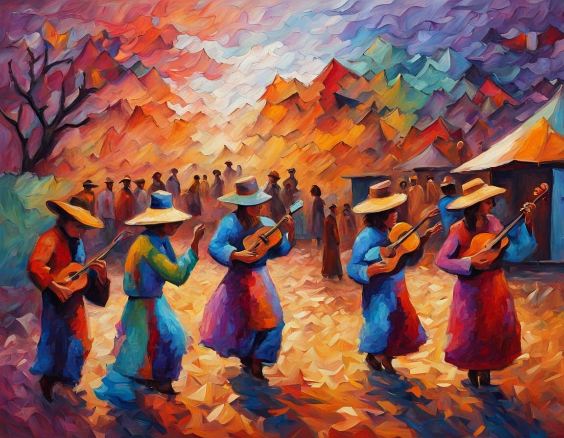 Vivid Pixel Art: Pueblo People Dancing in New Mexico