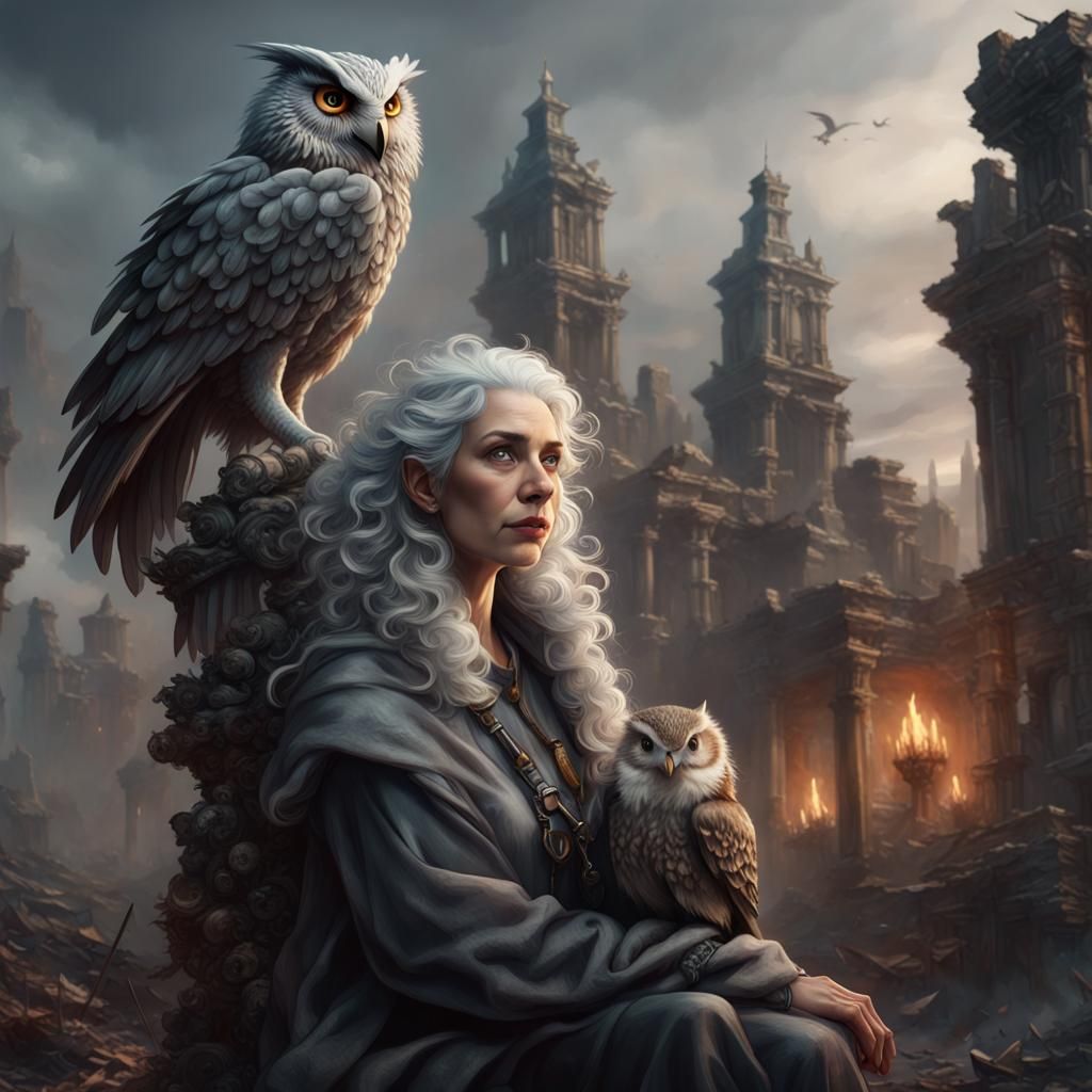 Woman with Owl in Ruined City: Dark Fantasy Art